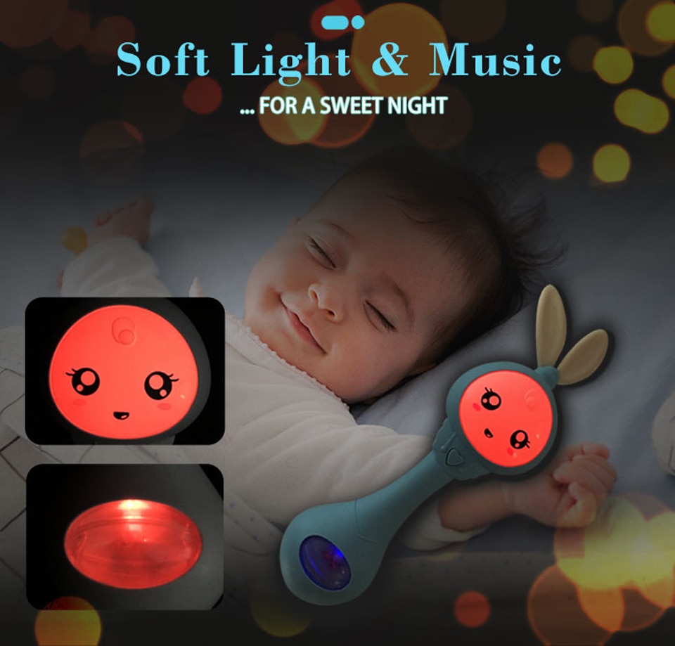 MKTOYS Rattles Baby Toys 0-12 Months Newborn Infant Gift Early Development Hand Shaking Musical Bunny Toys with Light Teethers